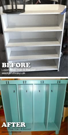 the before and after shots of an old bookcase makeover with paint, shelving and drawers