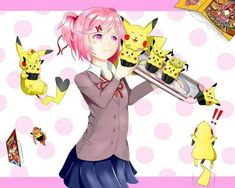 a girl with pink hair is holding a tray of pikachu and other pokemon characters