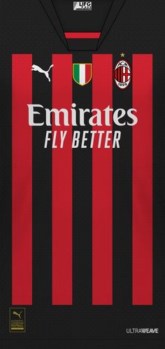 a soccer jersey with the name emiratess fly better written on it in red and black stripes