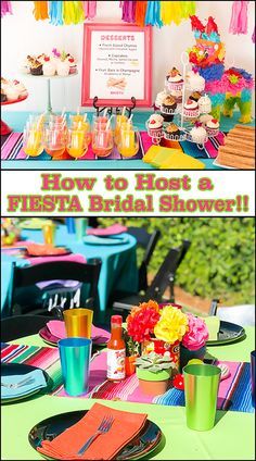 there is a colorful table with cupcakes and drinks on it