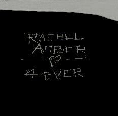 a black and white photo with the words rachel amberd 4 ever written on it