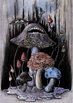 a drawing of mushrooms with different colors and sizes on the ground in front of trees