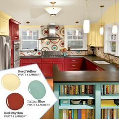 a kitchen with red cabinets and yellow walls is featured in the color scheme for this image