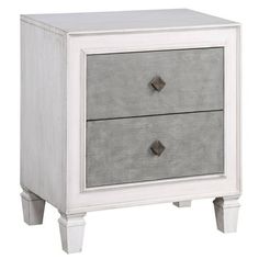 Rustic grey and weathered white create a classic farmhouse ambiance for this charming two-drawer nightstand. Diamond pulls add depth while English dovetail drawers and side-mount metal glides ensure smooth, seamless performance. Features: Set includes: One (1) nightstand Dimensions: 28.5 inches high x 28.5 inches wide x 17.5 inches deep Finish color: Rustic Grey and Weathered White This product will ship to you in one (1) box Materials: Wood, composite wood and resin The rustic grey and weathere Unique Nightstand, Farmhouse Nightstand, Mid Century Modern Nightstand, Rustic Nightstand, Charming Farmhouse, Drawer Space, Weathered White, White Nightstand, Drawer Design