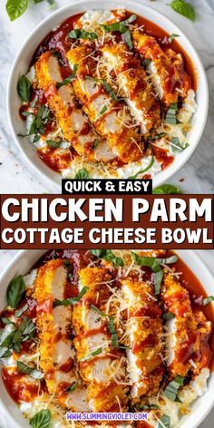 chicken parm cottage cheese bowl is shown in two separate bowls, with the words chicken parm cottage cheese bowl above it