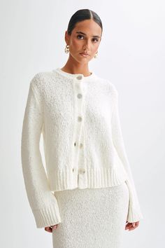 Moira Oversized Boucle Cardigan - White - MESHKI U.S Capsule Wardrobe Accessories, Boucle Knit, European Summer Outfits, Cardigan White, Capsule Outfits, Short Cardigan, Beige Dresses, Cozy Chic, Date Night Dresses