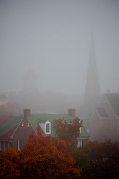 a foggy day with houses and trees in the foreground, and a church steeple in the background