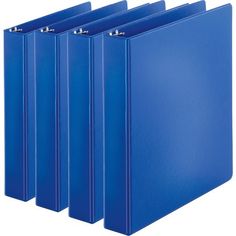 four blue binders are lined up against each other