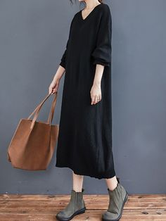 Sku CY-!89645 Material >80%Cotton Style Loose , Long Sleeves Feature Solid Color Neckline V-neck Occasion Casual , Simple Seasons Autumn , Winter Type Midi Dresses , Sweater Dresses Color BLACK Size FREE SIZE Please consult the size chart we provide for this item's measurements to help you decide which size to buy.Please note: There may be 1-3cm differ due to manual measurement.CMINCH Bust Shoulder Sleeve Length FREE SIZE 124 59 42 100 Casual Winter Maxi Dress V-neck, Casual V-neck Winter Maxi Dress, Casual V-neck Maxi Dress For Winter, Winter Solid Color V-neck Maxi Dress, Casual Black Long Sleeve Maxi Dress, Winter V-neck Maxi Dress Solid Color, Casual Knit Midi Dress With V-neck, Casual Knit V-neck Midi Dress, Casual V-neck Knit Midi Dress