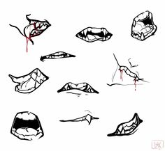 various types of mouth shapes with blood coming out of the upper lip and lower jaw