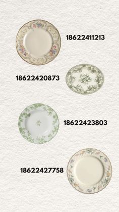 four plates with different designs on them and numbers in the bottom right hand corner,