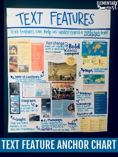 an anchor chart for text features is displayed on a bulletin board with the words text features can help understand a big story