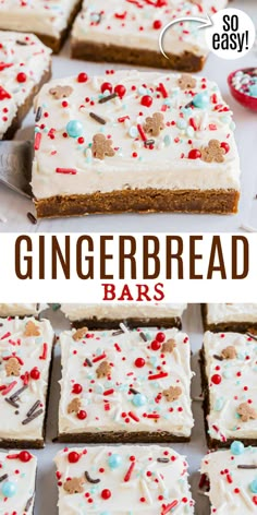 gingerbread bars with white frosting and sprinkles