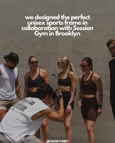 a group of people standing next to each other in front of a wall with the words, we designed the perfect unisex sports frame in collaboration with session gym in brooklyn