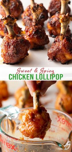 the chicken lollipop is being held up by someone's hand and then dipped with sauce