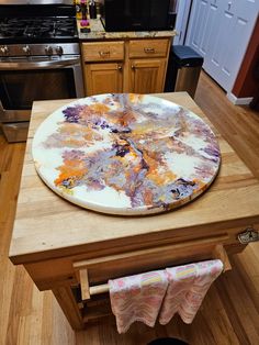 a white plate sitting on top of a wooden counter next to a stove and oven