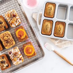 there are many desserts on the baking tray