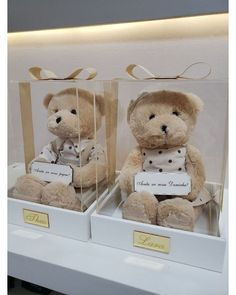 two stuffed teddy bears in clear boxes with tags on the front and back, sitting next to each other