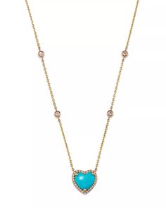 Bloomingdale's - Turquoise & Diamond Heart Pendant Necklace in 14K Yellow Gold, 16-18" - 100% Exclusive Blue Luxury Necklace For Valentine's Day, Luxury Blue Jewelry For Valentine's Day, Elegant Turquoise Heart Cut Jewelry, Diamond Heart Pendant Necklace, Heart Pendant Diamond, Exclusive Jewelry, Diamond Heart, Heart Pendant Necklace, Heart Pendant