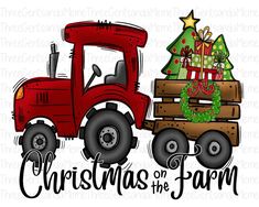 a blue tractor with christmas tree on the back and lettering that says, christmas in the farm