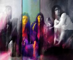 three different colored images of people standing in front of each other with one woman's face partially obscured by the image