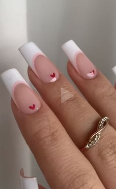 Nails Almond Shape Valentines, Valentines Day Nails For Teens, Valentines French Tip Nails Square, Square Manicure Ideas, Heart Cow Print Nails, Round Gel Nails Spring, Simple V Day Nails, Medium Nails Inspiration, Simple Valentines Nails Square