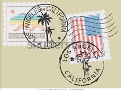 two postage stamps with the flag and palm trees