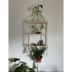 a white hanging shelf with plants and shoes on the top, in front of a wall