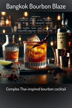 an advertisement for the bourbon blaze cocktail, which is being served in front of bottles and glasses