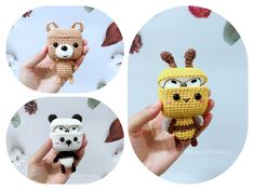 three pictures of small crocheted animals in different poses, including a panda bear and an antelope