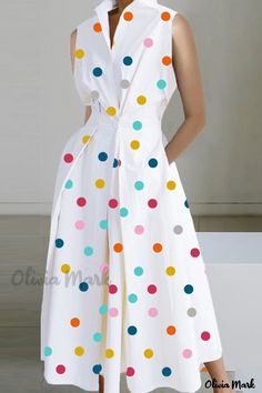 Color: White Blue Red, Size: M Avant Garde Dresses, Vintage Polka Dot Dress, Fishtail Skirt, Flower Skirt, Moda Vintage, Button Dress, Loose Dress, White Casual, Types Of Skirts