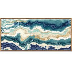 an abstract painting with blue, gold and white colors on the wall in a frame