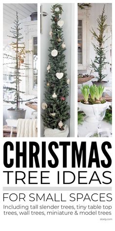 christmas tree ideas for small spaces including tall trees, tiny tables top and white chairs