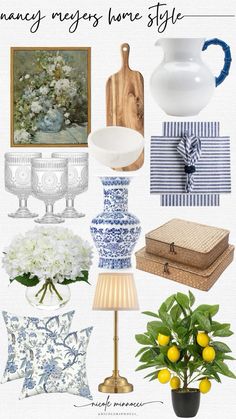 a collage of blue and white items including vases, flowers, plates, trays