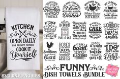 kitchen towels with sayings on them next to a blender and mixer in the background