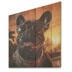 a painting of a dog with sunglasses on it's face is hanging on a wall