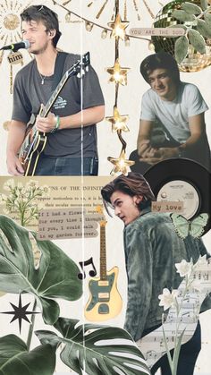 a collage of photos with plants, flowers and music instruments in it's foreground