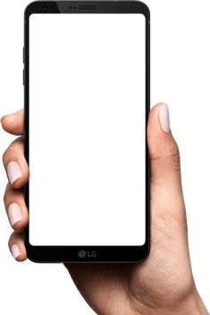 a woman's hand holding an lg smart phone with a white blank screen