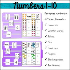 the numbers 1 - 10 worksheet is shown in purple and white with black letters