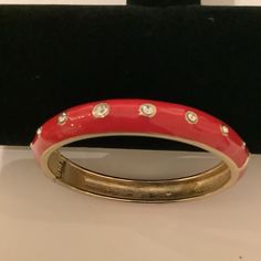 Red And Gold Spring Loaded Enamel Bracelet With Rhinestone Detail Measures Just Under 1/2” Wide Measures Approx 2.75” In Diameter Brand New, Never Worn Sparking And Shiny Adjustable Red Bracelet With Rhinestones, Adjustable Red Jeweled Jewelry, Enamel Bracelet, Hinged Bracelet, Red And Gold, Womens Jewelry Bracelets, Red Yellow, Lady In Red, Women Jewelry