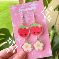 ✿ Product Details ✿✿ Acrylic charms measure 1.25 and 1 inch from top to bottom✿ Please leave a note at checkout if you need clipons as opposed to hooks. If no note is left, earrings will be assembled with sterling silver hooks. ✿ Each pair comes on a backing card Earrings Backing Card, Earring Backing Card, Strawberry Blossom, Kawaii Earrings, Funky Earrings, Backing Card, Funky Jewelry, Earring Cards, Acrylic Charms