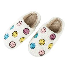 New In Original Packaging Smoke Free Absolutely Lve Mine Casual Pink Slippers With Textured Footbed, Pink Slippers With Textured Footbed And Round Toe, Sniley Face Slippers, Smiley Cotton Slippers, Happy Face Slippers, Playful Slip-on Winter Slippers, Multicolor Non-slip Slip-on Slippers, Fuzzy Sandals, Pom Pom Slippers