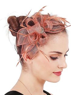 Fascinatoren Hüte Kopfschmuck Tüll Hochzeit Pferderennen Damentag Melbourne-Cup Vintage-Stil Elegant und luxuriös Mit Feder Blume Kopfschmuck Kopfbedeckung 2024 - $36.99 Summer Party Headpieces Made Of Tulle, Summer Party Tulle Headpiece, Elegant Party Hair Accessories For Carnival, Elegant Hair Accessories For Party And Carnival, Fitted Tulle Headpieces For Parties, Elegant Tulle Headpiece For Spring, Spring Party Tulle Headpiece, Elegant Orange Summer Headpiece, Elegant Hair Accessories For Carnival