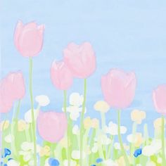 a painting of pink tulips and daisies against a blue sky