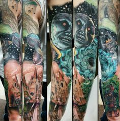 this is an image of some tattoos on someone's arm and leg, with monsters in the background