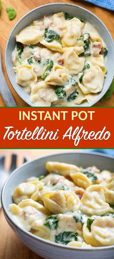 two pictures of tortellini alfredo with spinach