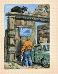 a man standing next to an old green truck and a cat sitting on top of it