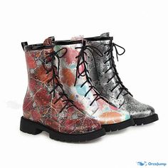 Orcajump - Thick-soled Floral Print Martin Boots with Warm Inner Lining, Ankle-length, Front Lace-up, and Sensual Appeal Multicolor Lace-up Boots With Round Toe For Fall, Synthetic Lace-up Ankle Boots For Spring, Spring Synthetic Lace-up Ankle Boots, Trendy Spring Lace-up Closed Toe Boots, Casual Lace-up Boots With Closed Toe For Party, Spring Synthetic Closed Toe Lace-up Boots, Spring Synthetic Lace-up Closed Toe Boots, Multicolor Lace-up Boots For Fall, Spring Martin Boots With Platform And Flat Heel