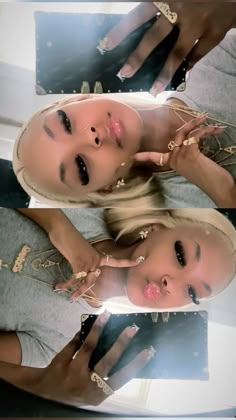 two pictures of a woman with blonde hair and gold jewelry on her face, one is looking at the camera