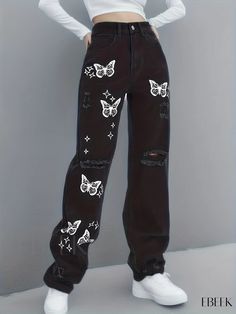 Ebeek - Chic Butterfly Print Straight Leg Jeans with Distressed Details: Wide-Leg Street Style Denim Jeans for Women Printed Jeans Women, Butterfly Jeans Outfit, How To Style High Waisted Jeans, Jeans With Patterns, Clothing Ideas Aesthetic, Fancy Pants Outfit, School Outfits Trendy, Funky Shoe, Cool Clothes For Girls